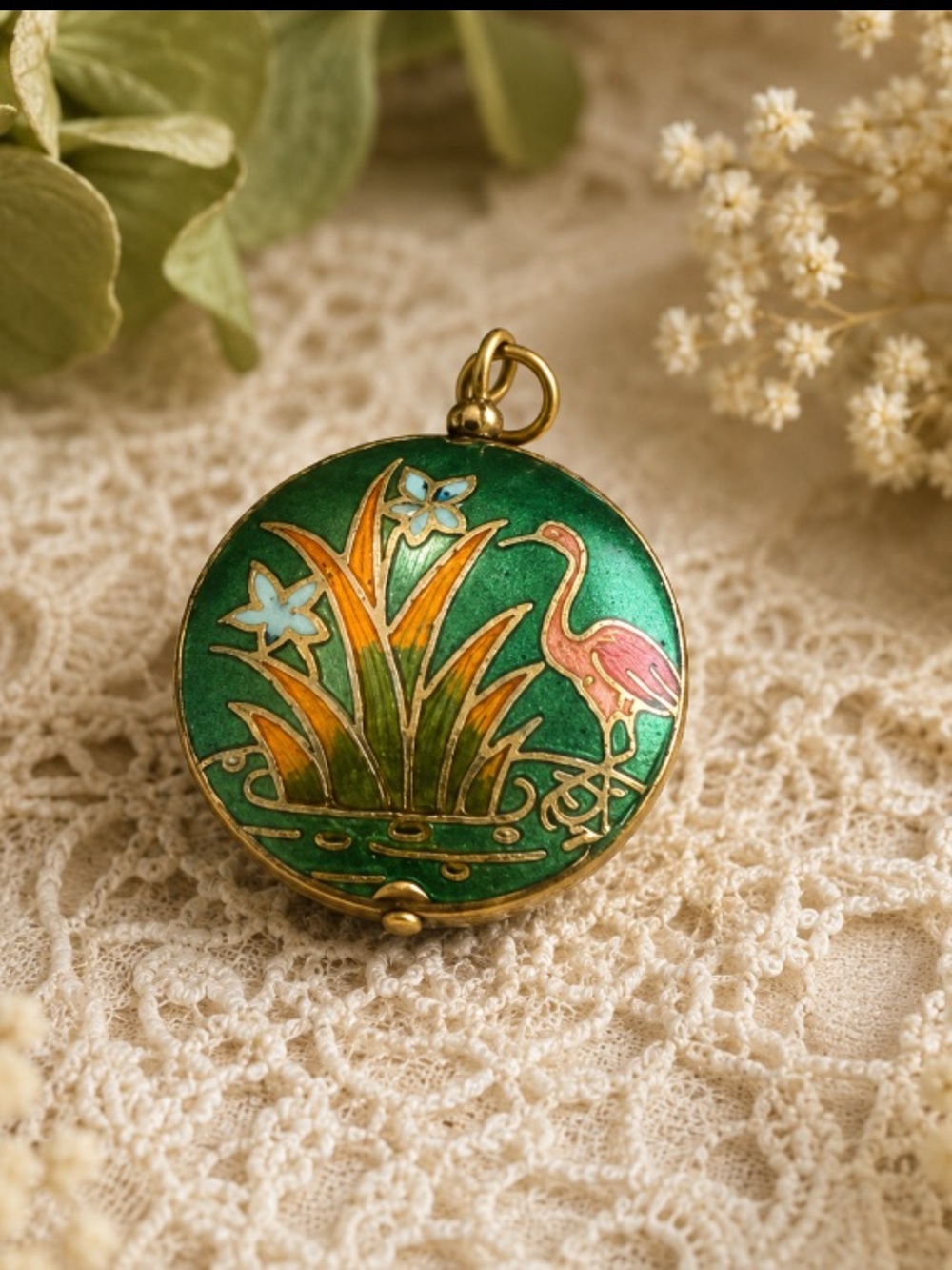 Gorgeous Green Vintage Cloisonné Bird & Flowers Pendant